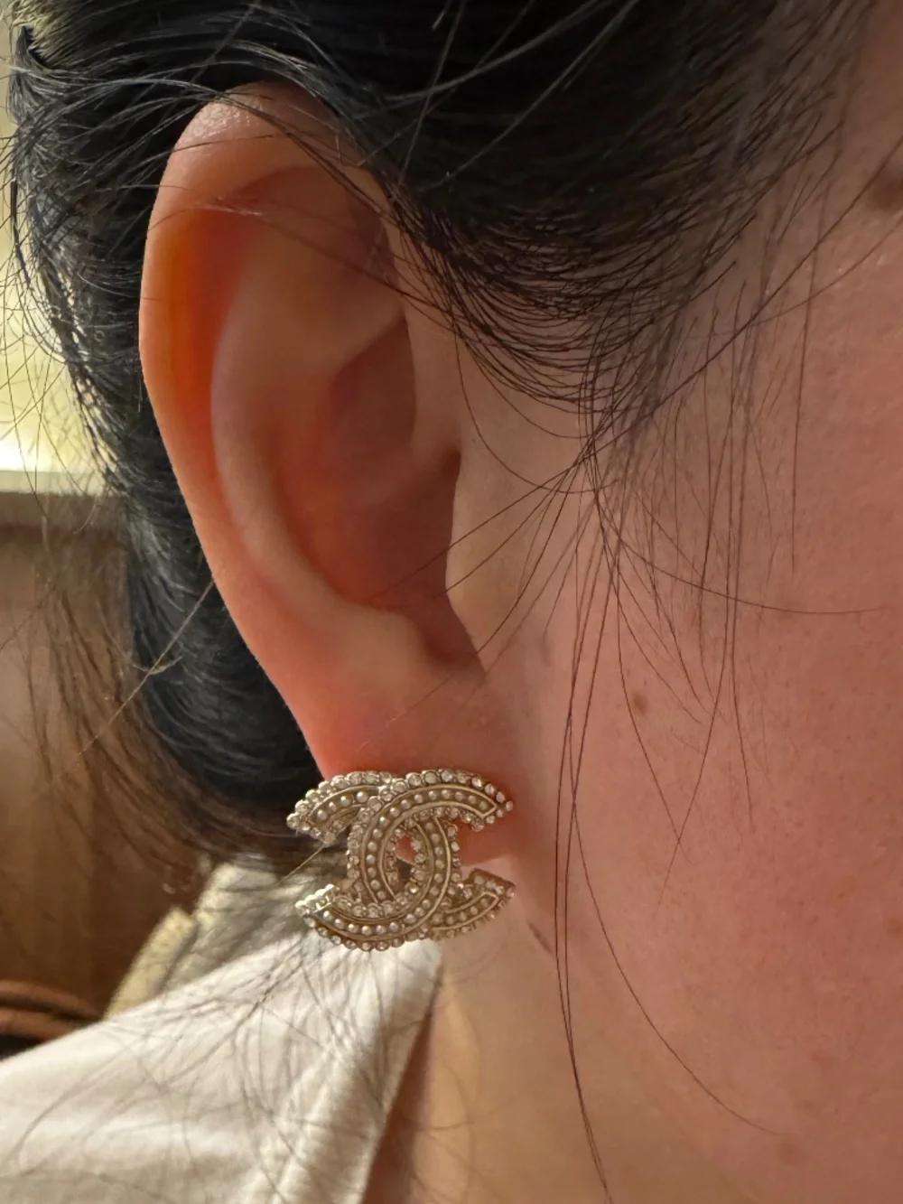 Super Rare New Chanel Classic CC Logo Pearl, Crystal & Gold Stud Earrings